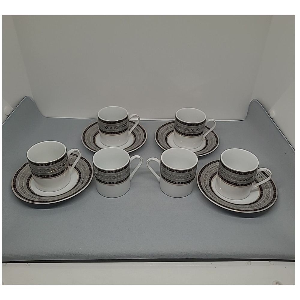 Nour Espresso Cups Saucers Set White Grey Black Gold Geometric‎ Porcelain 10pc